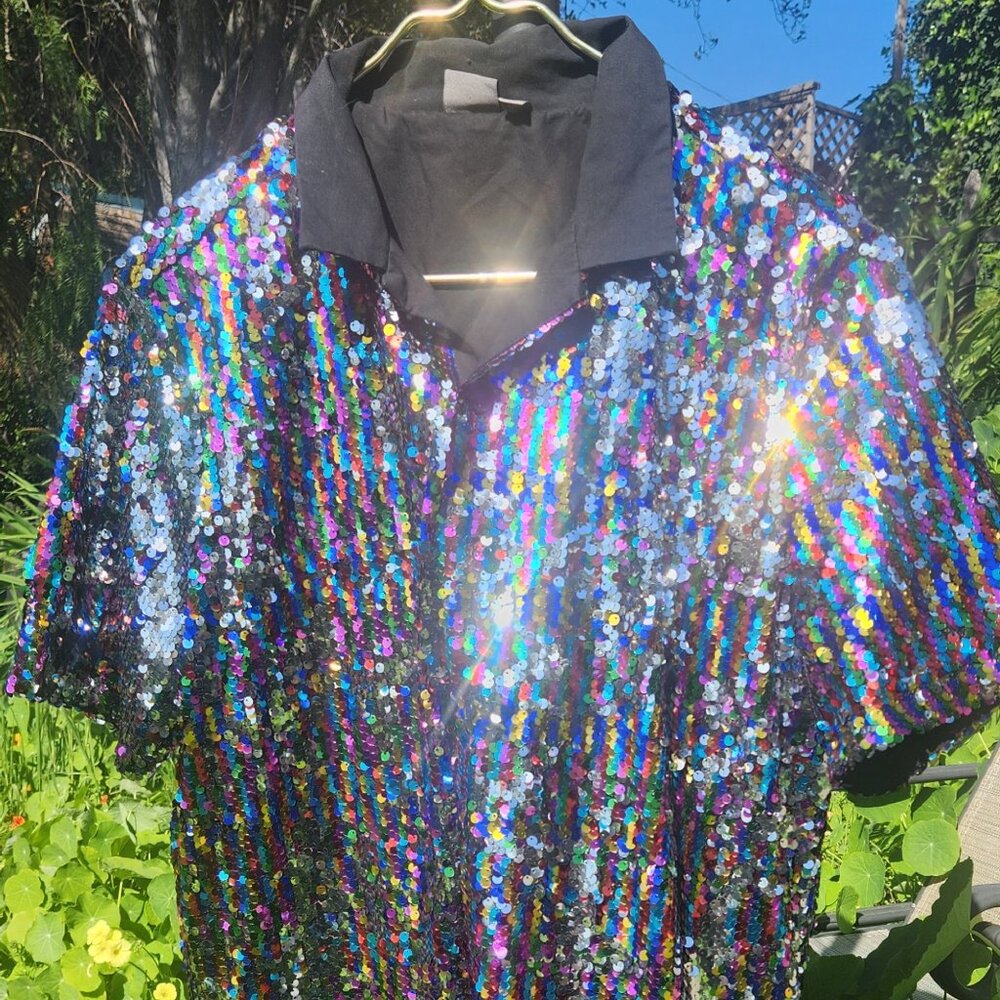 Rainbow sequin button-up shirt